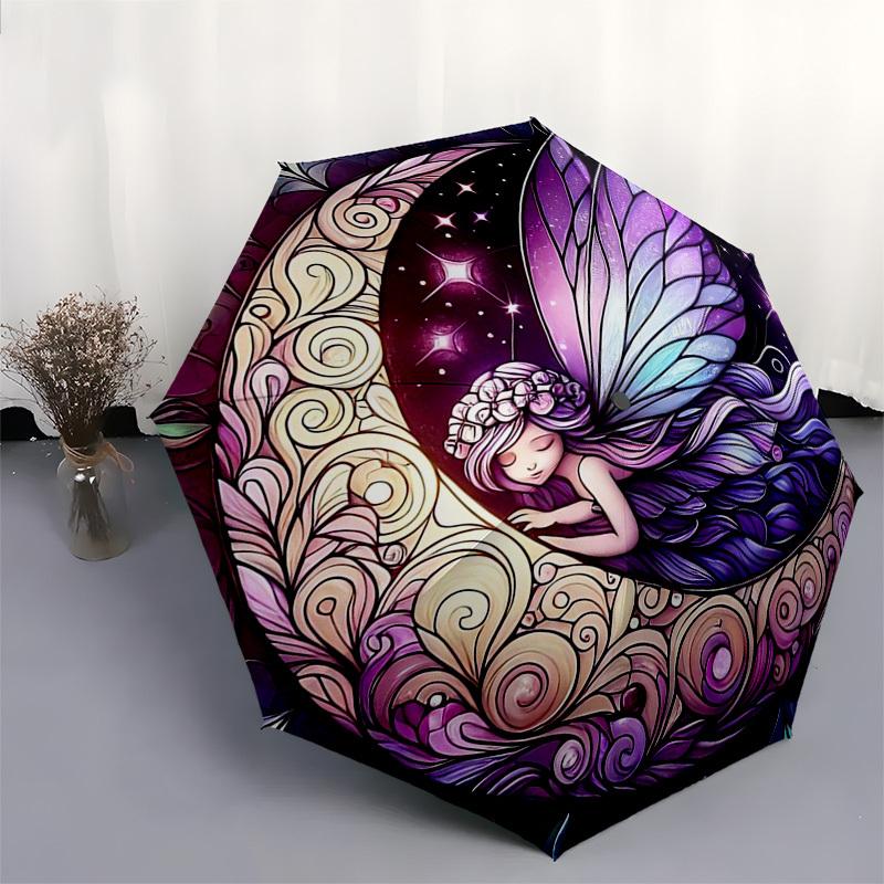 1pc Starry Night Fairy Moon Auto-Folding Umbrella: Portable 3-Fold Design with Iron Frame, Perfect for Outdoor Use, Festive Gifts, Travelers & Daily U