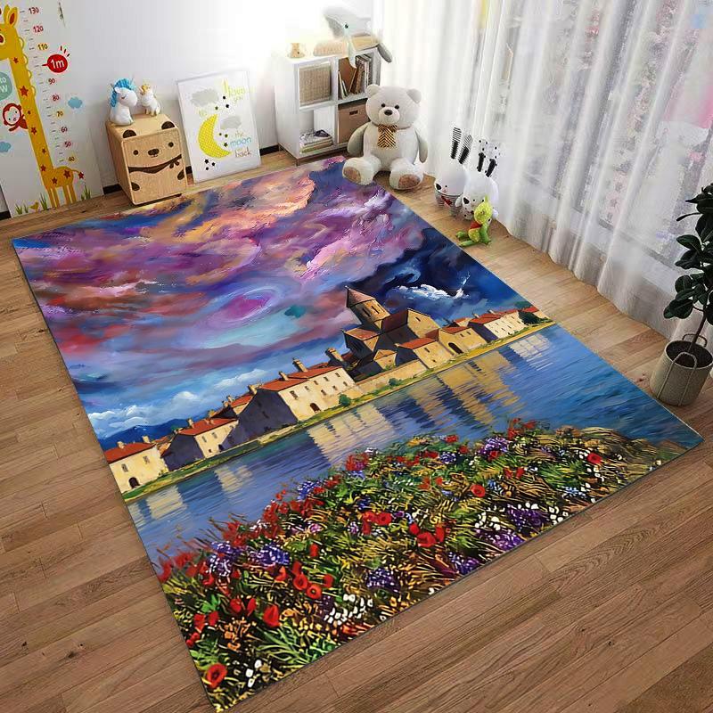 "Colorful Landscape Carpet with Village, Sky, and Floral Pattern" Suitable for use as an anti-slip for living room bedroom sofas