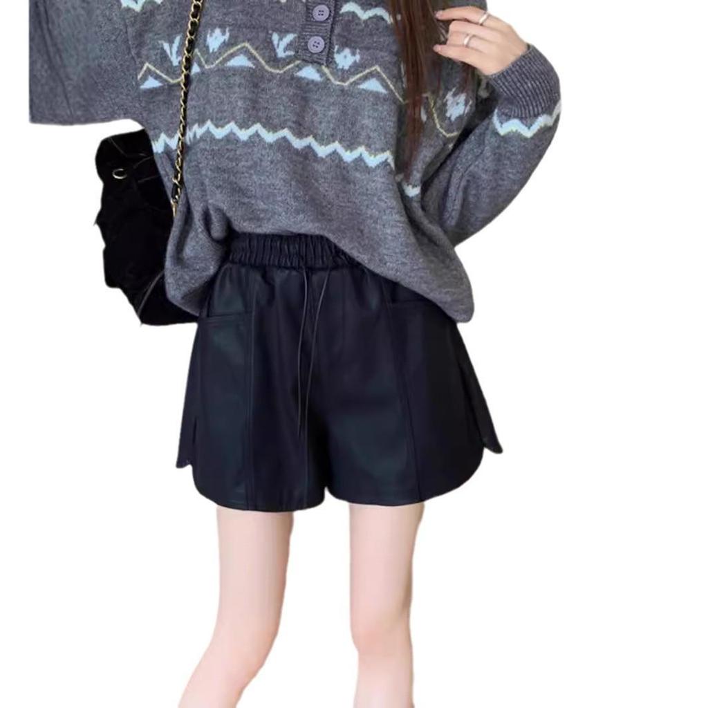 Brown Women's High-Waisted Leather Shorts - Autumn/Winter 2024 Retro Slimming Versatile Casual Fit