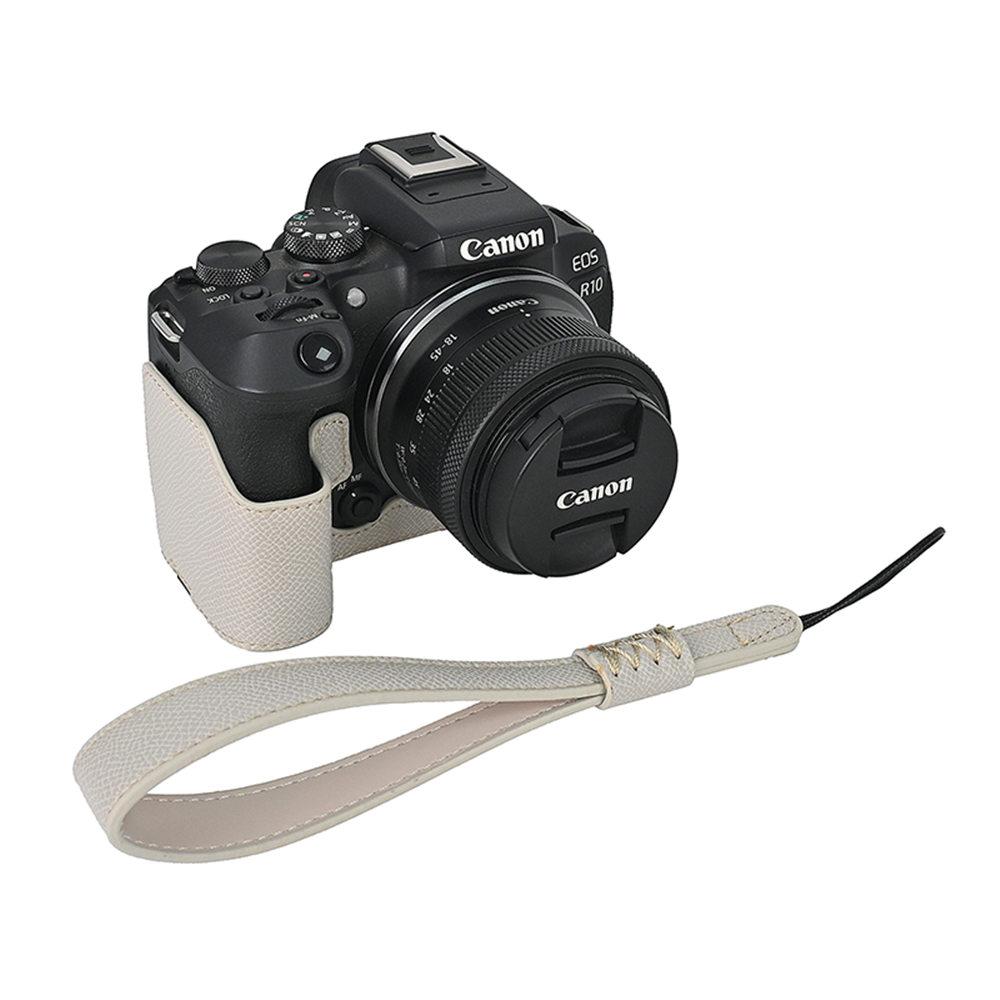 

R10 Palm Print PU Leather Camera Half Body Case For Canon EOS R10 Battery Opening Bottom Cover With Hand Strap