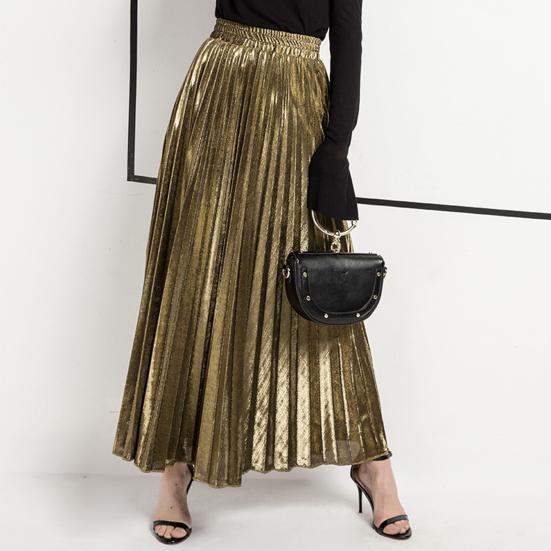 Women Maxi Skirt Elastic High Waist Pleated Golden Long Skirt Slimming Design Spring Summer Skirt Work Leisure Travel Wear