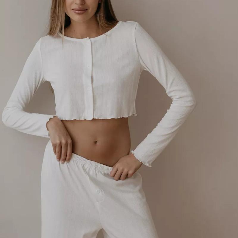 Spring Autumn Women's Solid Color Long Sleeve Button Crop Top Elastic Waist Pants Suit Female Homewear Set