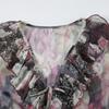 Printed Lotus Leaf Edge Lace-up Mesh Top Retro Light and Thin Niche Slim-fitting Horn Long Sleeve