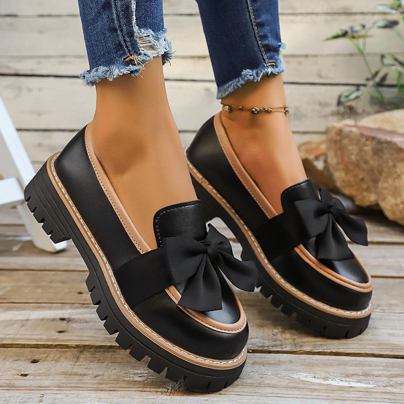 Fashion Women's Retro Bowknot Platform Loafers Comfort PU Leather Slip On Flats Woman Non Slip Preppy Style Dress Shoes for Autumn 2025