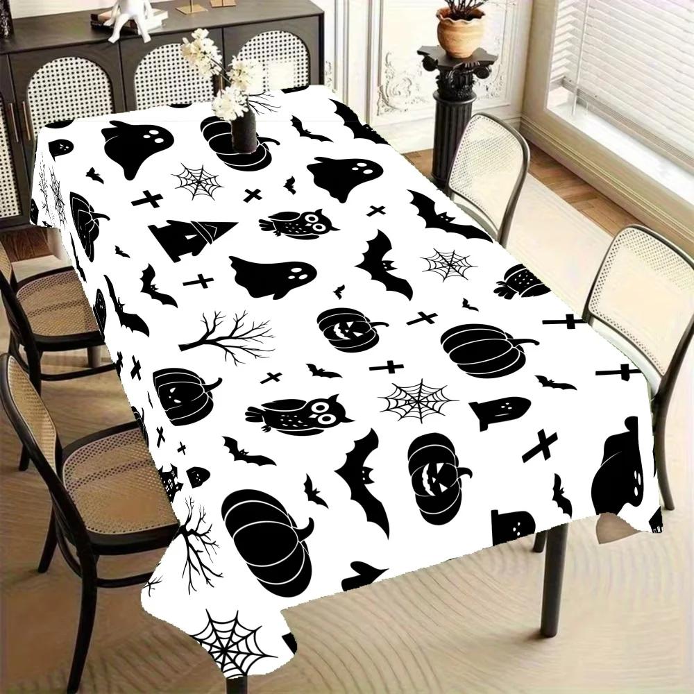 1Pc Halloween Style Tablecloth Black And White Ghost Bat Pumpkin Owl Spider Web Print Table Cover For Party Dining Home Decorati