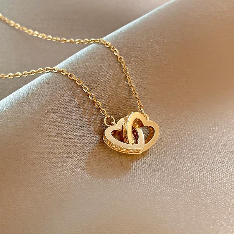 Gold Heart Double Ring Pendant Necklace - Women's Luxury Titanium Steel Clavicle Chain