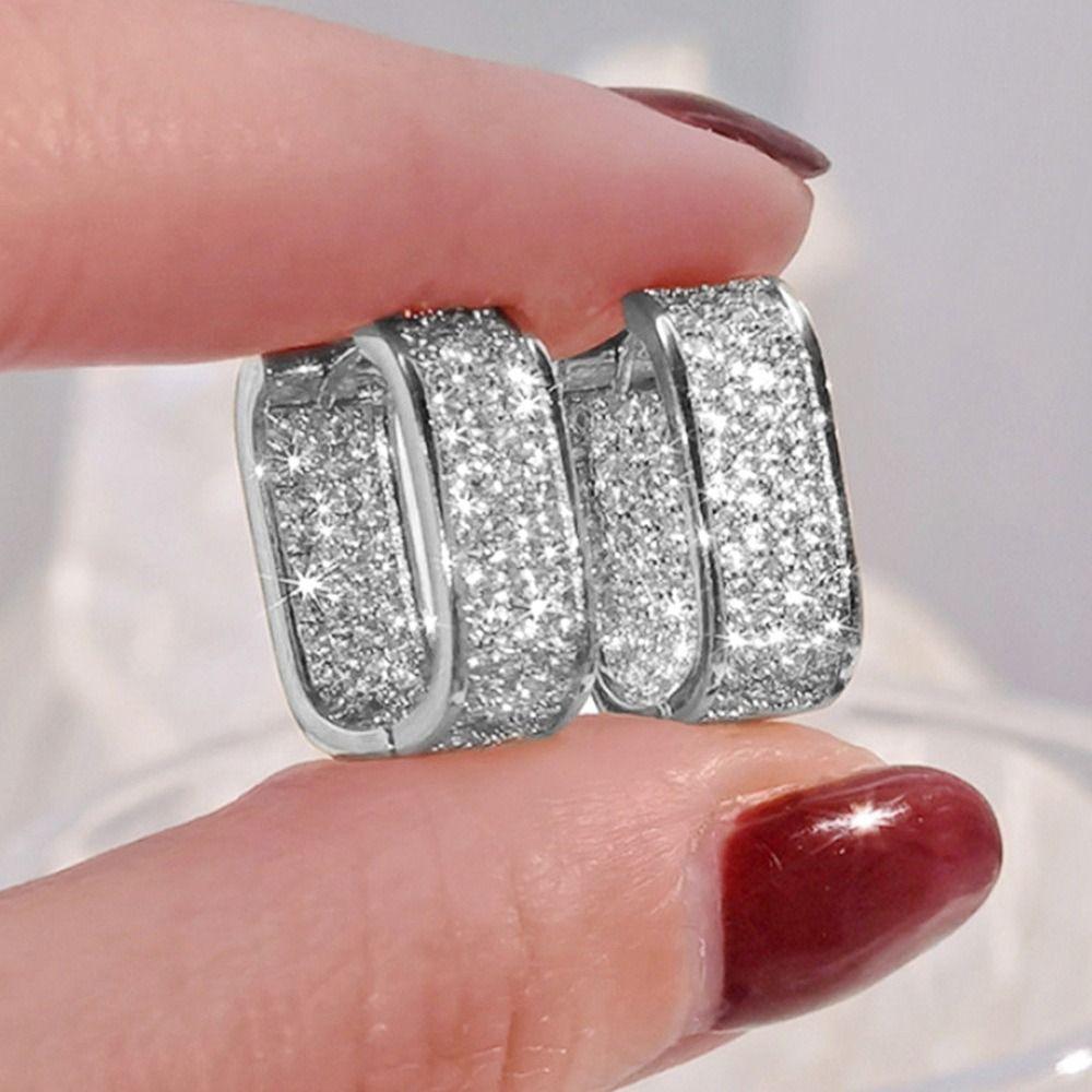 Elegant Geometric Square Earrings Luxury Full-Paved Zinc Alloy Ear Hoops for Women