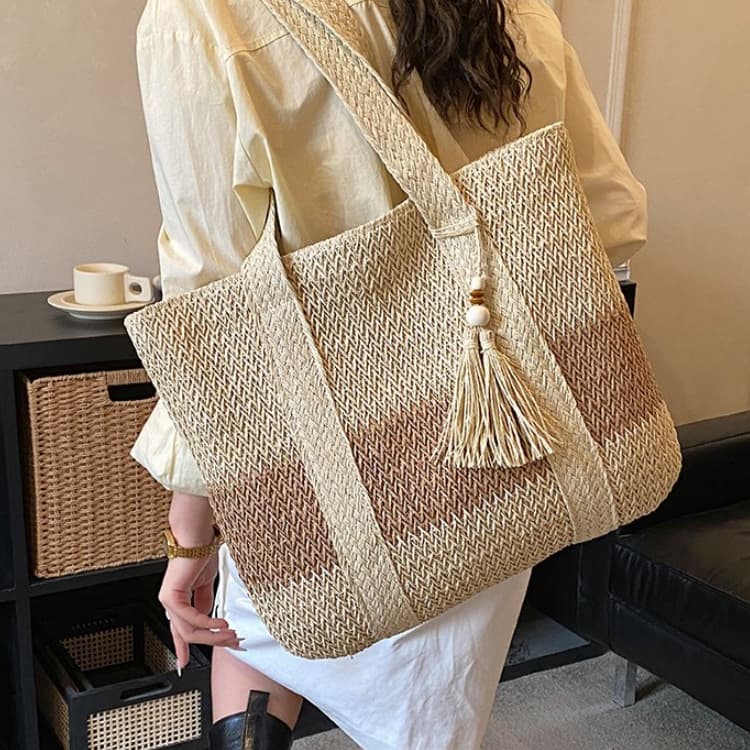 Contrasting Tassel Straw Woven Tote Bag Women's Shoulder Bag