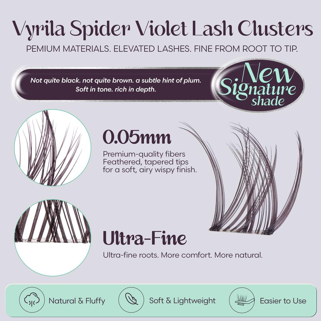 VYRILA Spider Violet Lash Clusters 10-16mm Natural Cluster Lashes Fake Eyelashes 3D Wispy D Curl Fluffy DIY Lash Extensions