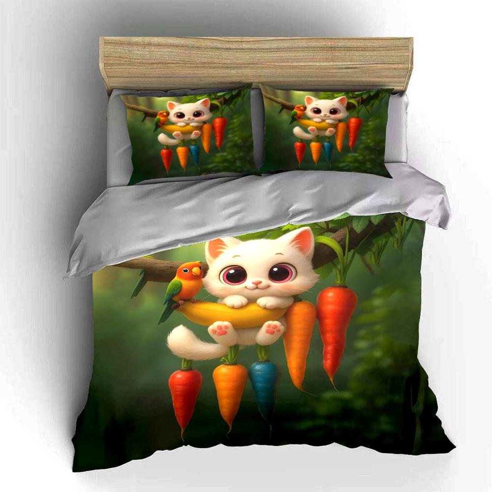 Cute Cat and Banana Bedding Set,White Kitten Hanging with Carrots and Parrot Print Duvet Cover+ 2 Pillowcases,Funny Kids Decor