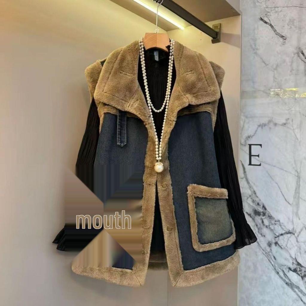 Przytulna Szykowna Kamizelka Patchworkowa Jeansowa z Podszewką z Polarowego Materiału Duży Rozmiar Modelująca Sylwetkę