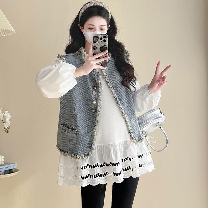Spring 2026 Tassel Denim Vest & Korean Lace Patchwork Shirt Two-Piece Set