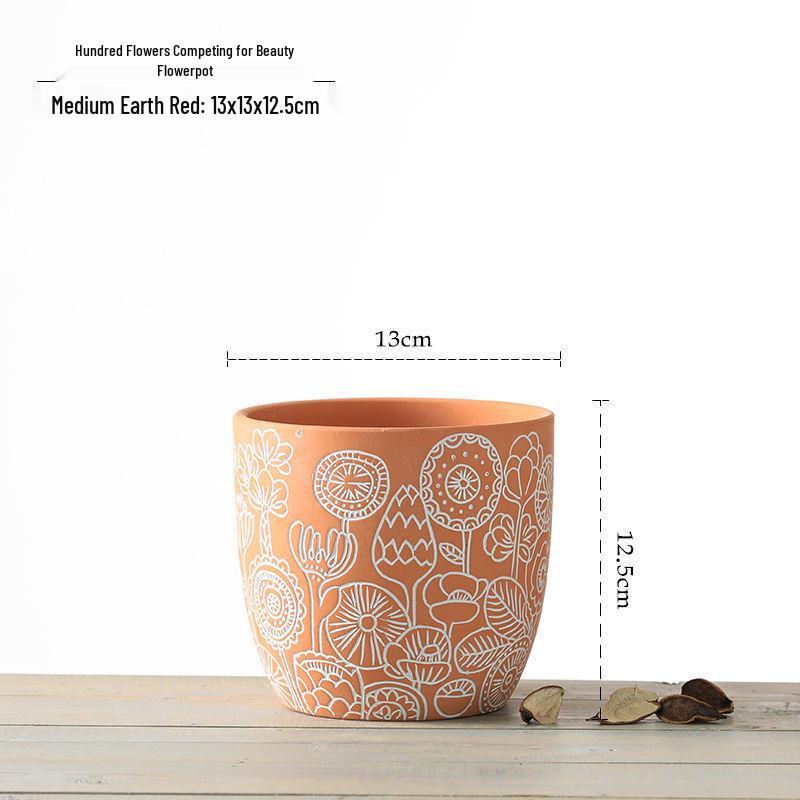 Red Clay Breathable Minimalist Terracotta Flower Pot with Feet for Succulents and Pothos - Round Design, Free Shipping