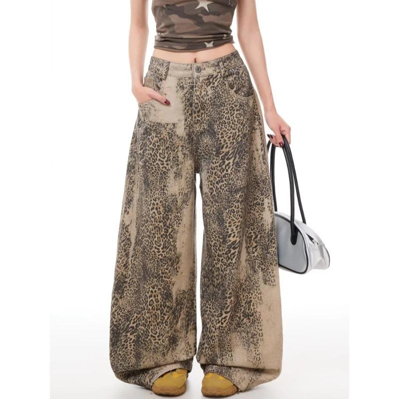 VIONA Trend Y2K Style Vintage Washed Leopard Baggy Women s Jeans Pants for Woman Clothing Wide Leg Streetwear Loose Long Trousers S
