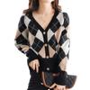 2025 Women's V-Neck Pure Wool Knit Cardigan – Autumn/Winter, Diamond Patchwork, Casual & Warm Sweater Coat