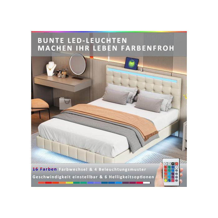 Lit capitonné - MUVOE - 140x200 cm - Éclairage LED - Design moderne - Tissu en lin respirant