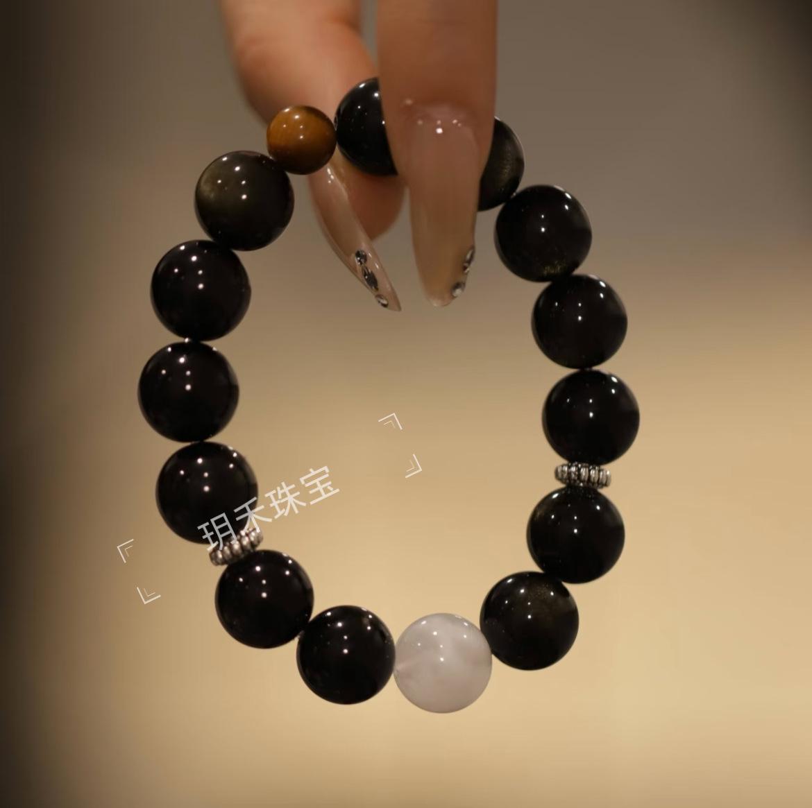 Phantom Obsidian Snowflake Crystal Bracelet - Minimalist Black & White Design