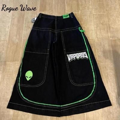 RogueWave American Retro Skull Print Gewaschene High Street Jeans für Männer und Frauen Lässig Gerade Locker und Vielseitig Weitbeinige Hose