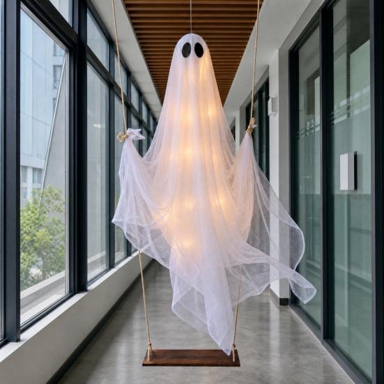 Halloween Ghost Decoration, Large Hanging Swing Ghost with LED String Lights, Battery Powered Ghost Figure for Outdoor Indoor Halloween Party Yard