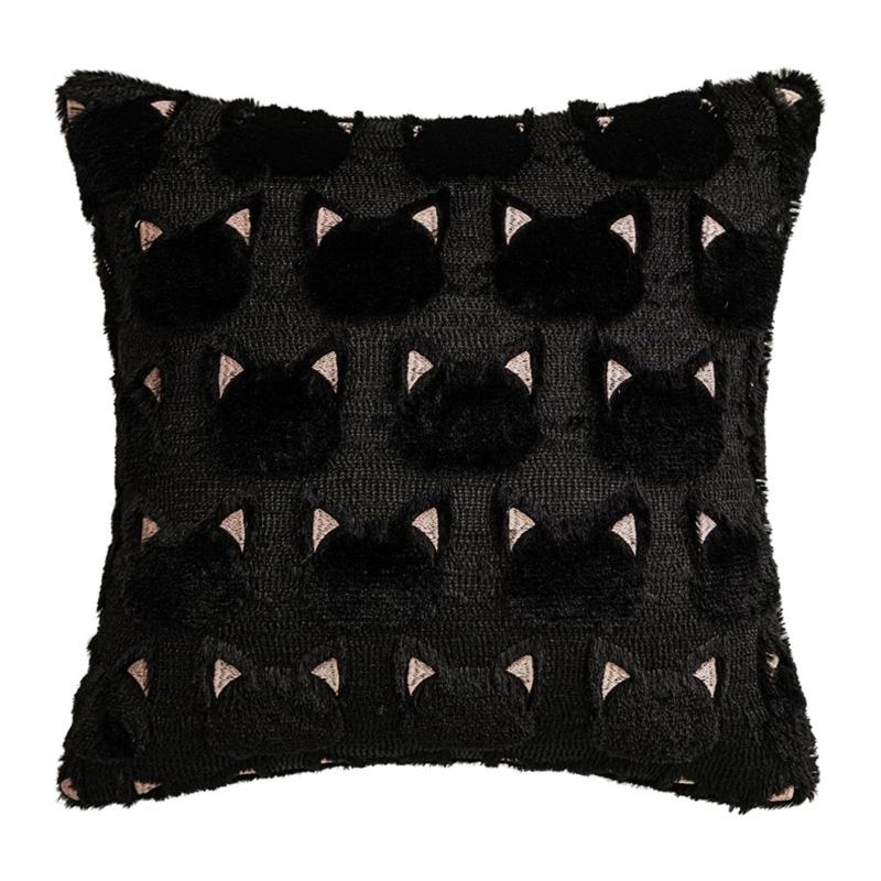 

Spooky Black Cats Tufted Throw Pillow Case Plush Faux Furs Fabric Cushion Cover For Halloween Bedroom Sofa Decoration 450*450mm