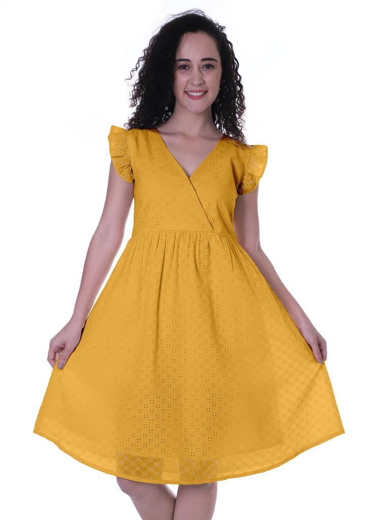 Moomaya Schiffli Dress Frill Sleeve W  V-neck Casual Relaxed Summer Garden