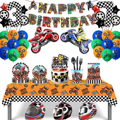 Motorcycle Theme Happy Birthday Banner Plates Cake Topper Helmet Motocross Balloon Dirt Bike Birthday Decorations Party Supplies