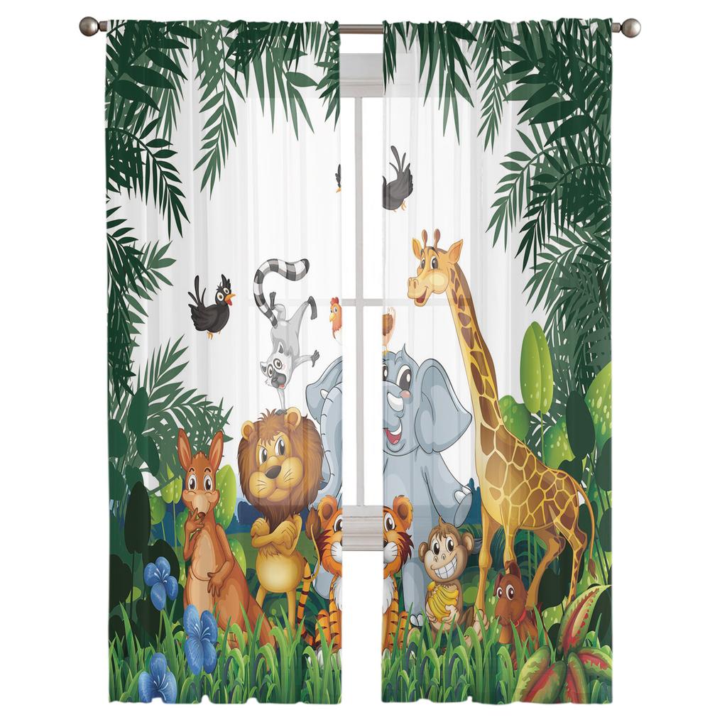 Tropical Jungle Zoo Cartoon Animal Sheer Curtain For Living Room Bedroom Kitchen Window Decor Giraffe Elephant Tulle Curtains