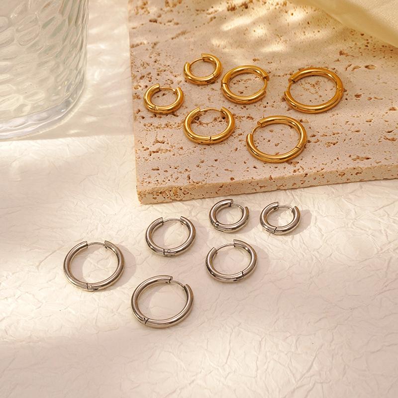Fashion Smooth Round Stainless Steel Hoop Earrings Woman Gold Copper Color Ear Buckle Huggie Daily Female Zircon Accessories