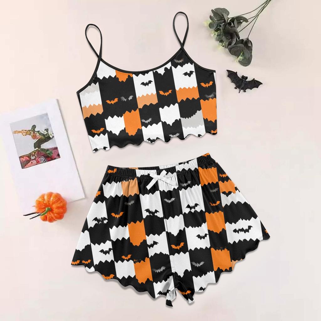 Women's Halloween Set With Retro Floral Print Suspender Sleeveless Vest Shorts Pajama Set