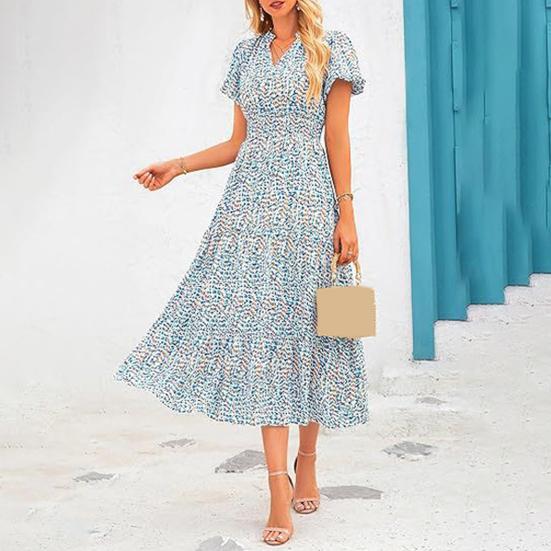 Vestido de mujer V Big Swing Flor Manga de burbuja Cuello pequeño Estampado corto Línea A Cintura alta