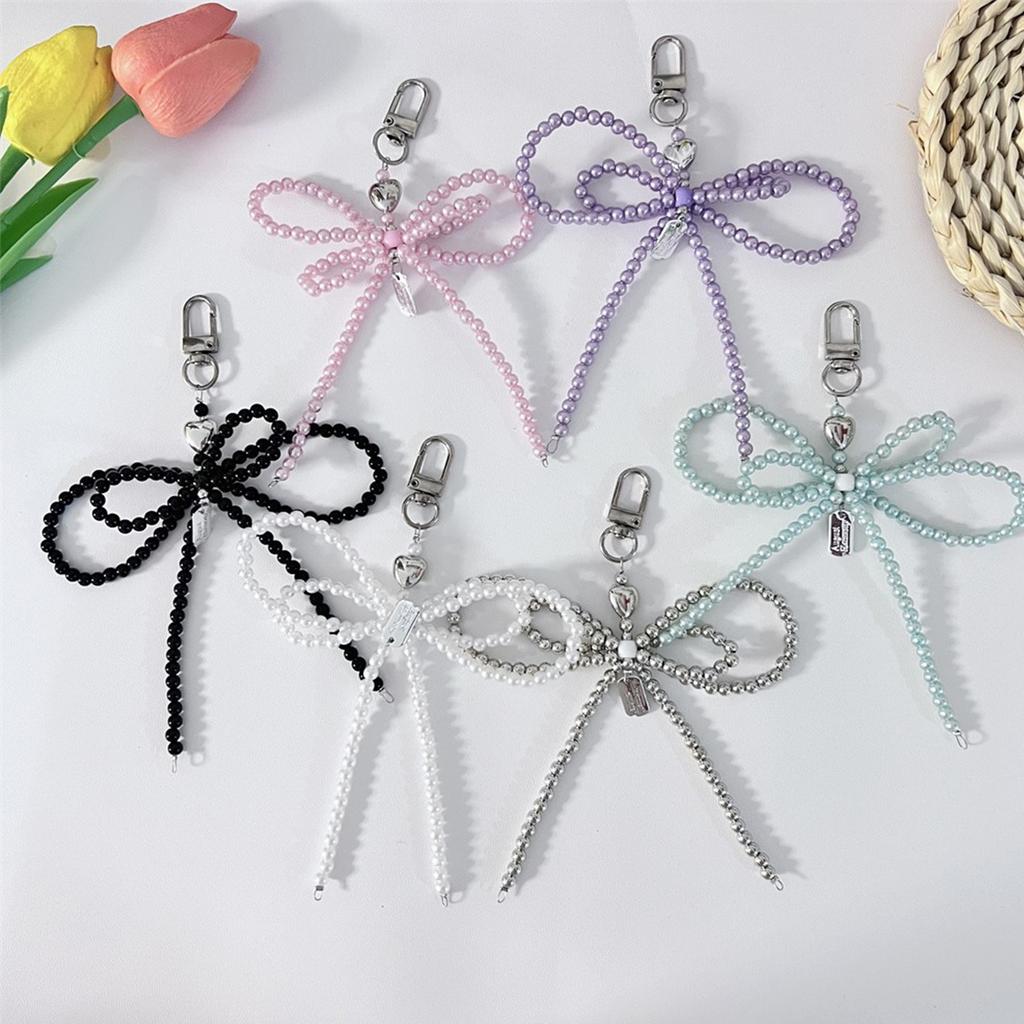 Elegant Bowknot Keychain Charm Silver Heart Pendant Woman Accessories Fashion Bag Charm Beaded Key Pendant for Key Bag