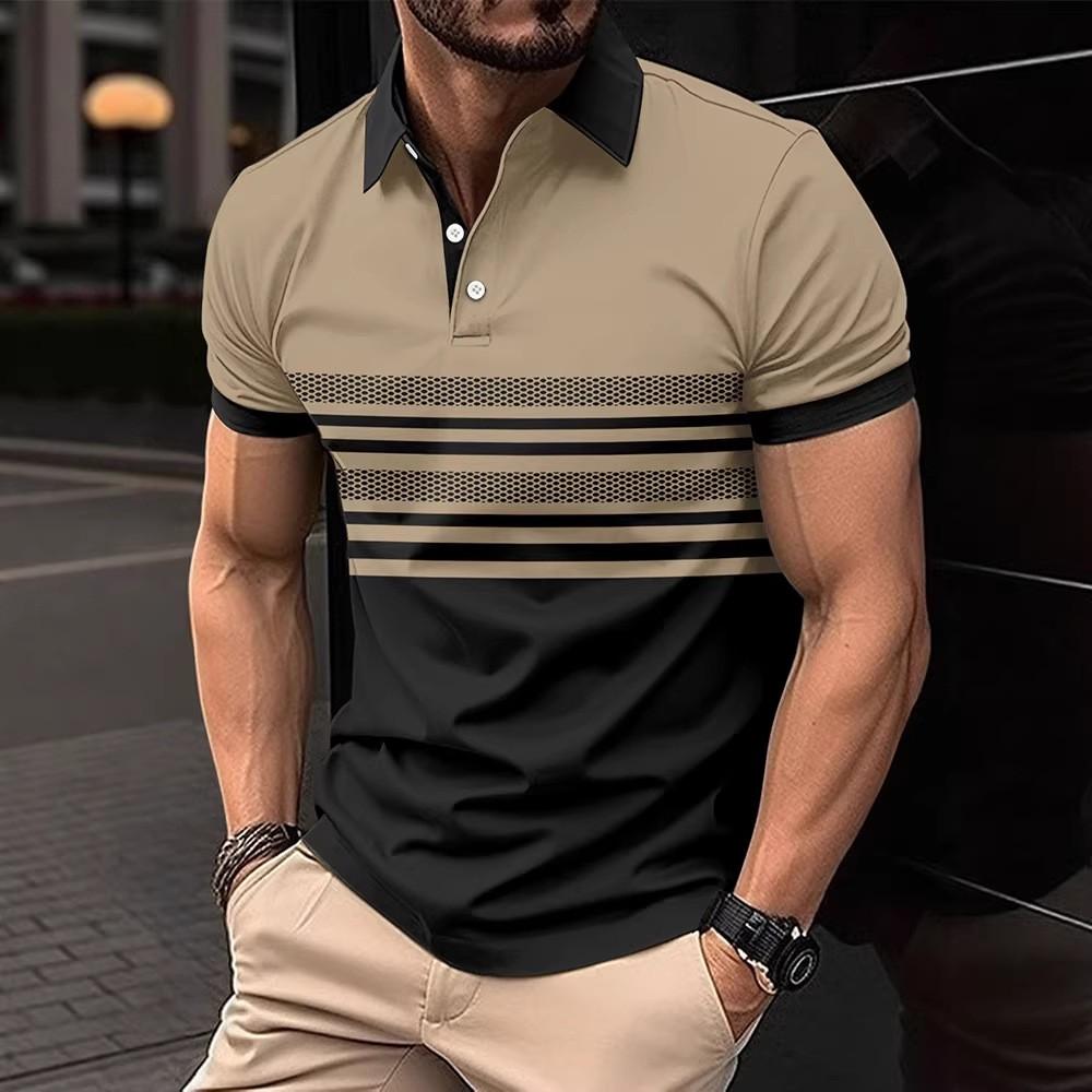 Summer Men New Short Sleeve Strpe Polo Shirt Men Business Casual Lapel Golf Polo Shirt Tops 100% Polyester