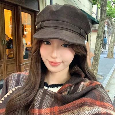 Maillard Brown Suede Women's Autumn and Winter Retro Versatile Face Small Newsboy Hat Big Head Circumference Hat