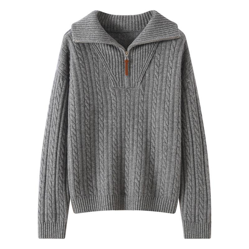 Women's Half-Zip Lapel Cable Knit Cashmere Sweater - Autumn/Winter 2026, Thick & Loose Fit.