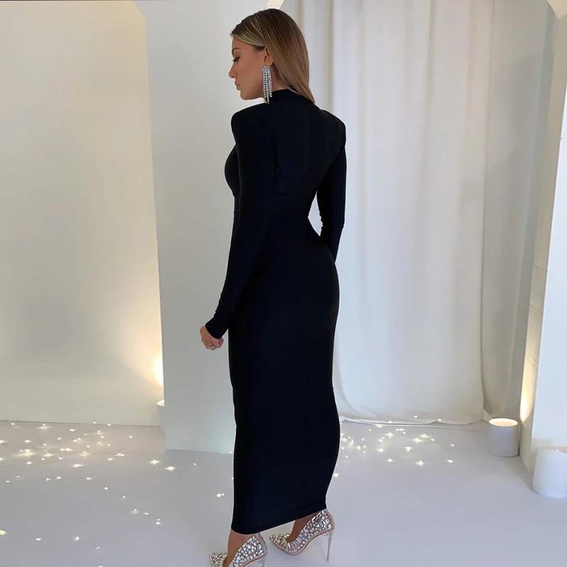 Hugcitar Solid Long Sleeve With Shoulder Pads Turtleneck Maxi Dress 2026 New Year Women Fashion Streetwear Elegant Skinny