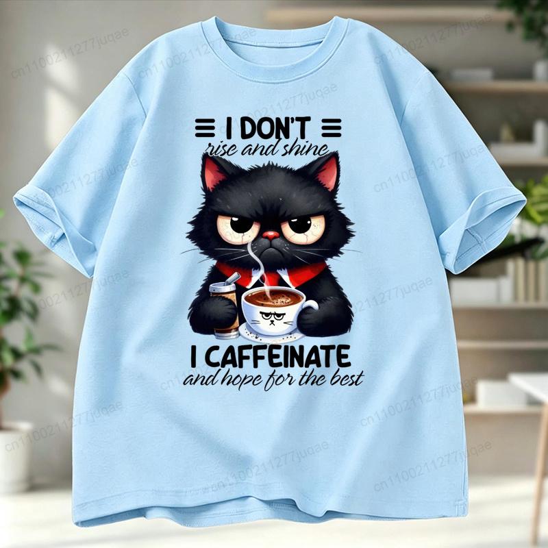 Funny Coffee Loving Cat Vintage Men's T-shirt Fun Quirky Style Humor Animal Graphic Unisex Trend Hip Hop Streetwear Tee Shirts