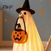 Creative Glow In The Dark Apparel Halloween Glowing Ghost Costume with Witch Hat & Pumpkin Tote Bag, LED Battery Powered Clothes Light Up Fabric