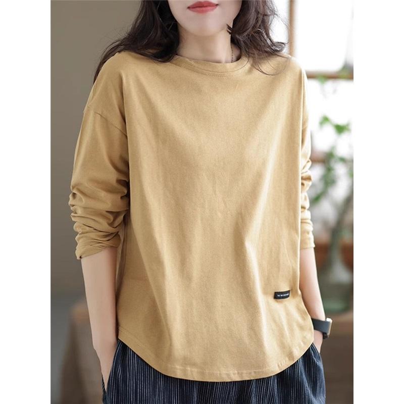 Autumn And Winter Vintage Solid Color Long Sleeved Loose T Shirt Base Shirt