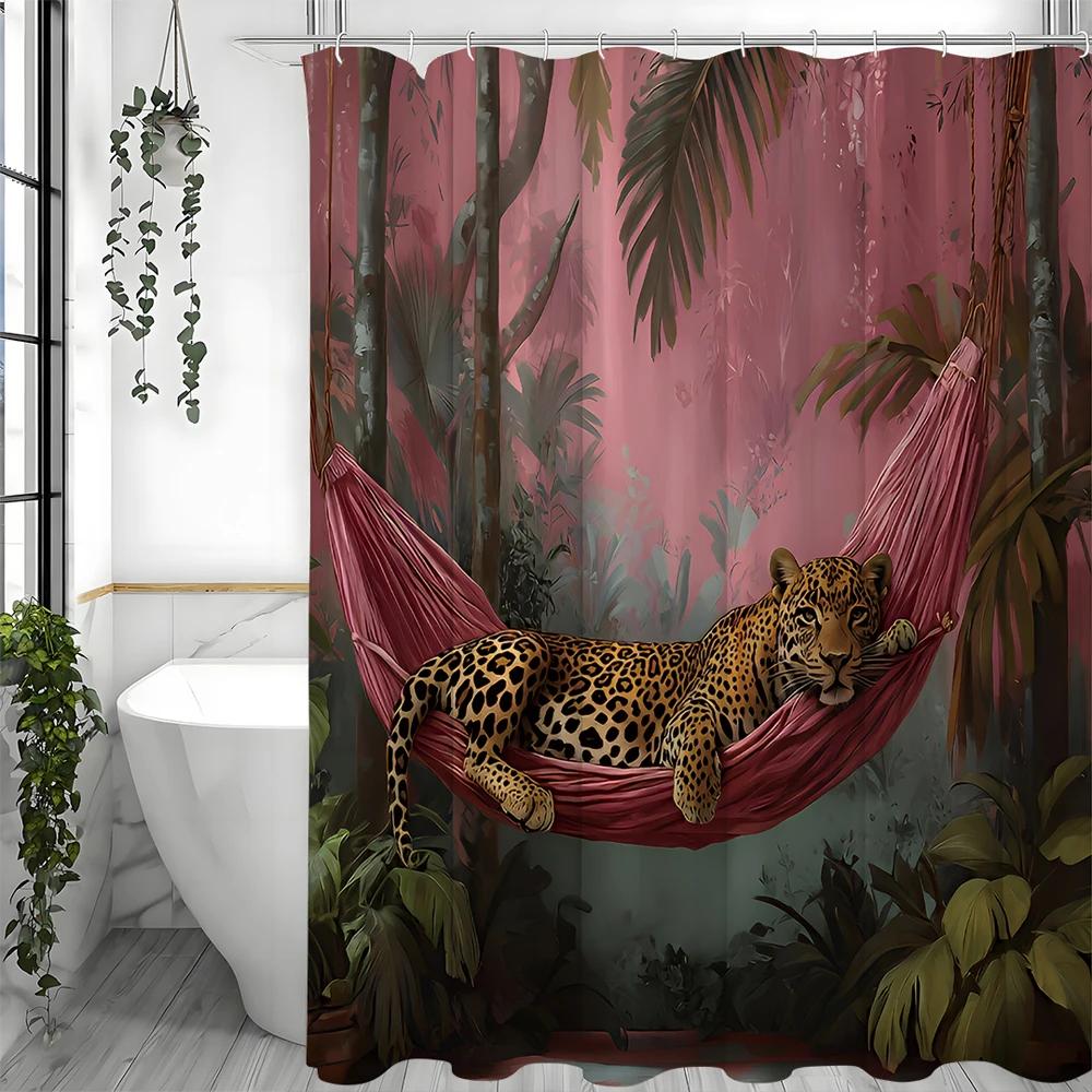 Cougar Shower Curtain with Trees Plants, Pink Background and Hanging Basket Bathroom Decorative Shower Curtain, Waterproof Showe