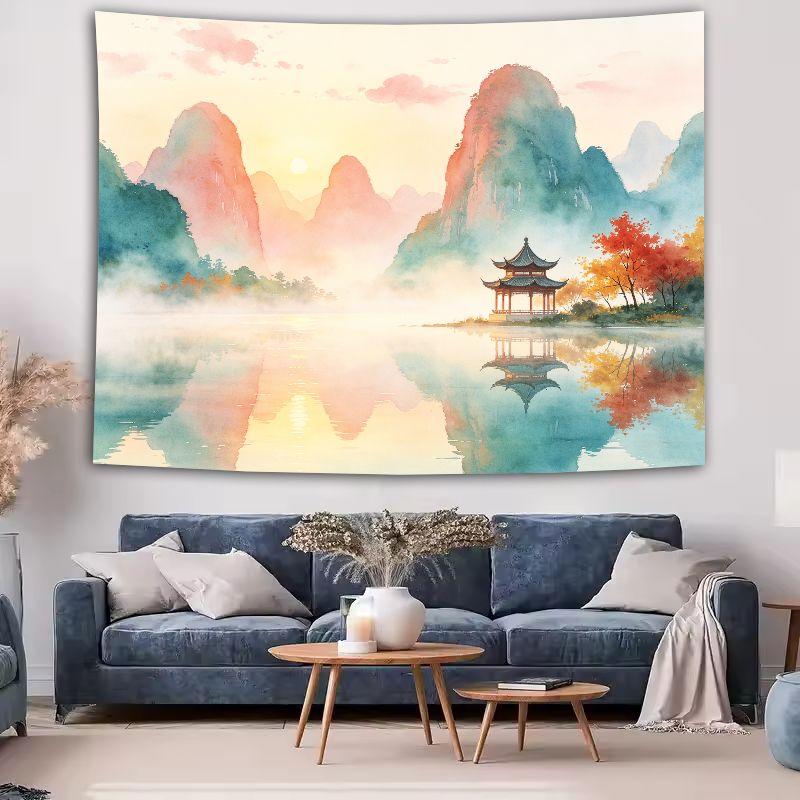 Zen Watercolour Landscape Wall Tapestry New Chinese Style Polyester Tapestry Wall Hanging Tea Room Bedroom Decor