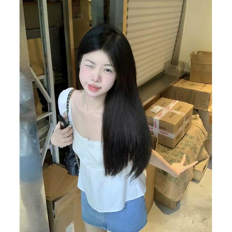 Women's White Square Neck Blouse Short Puff Sleeve Ruffled Trim Button Front Slim Fit Peplum Hem Casual Daily Fashion Top