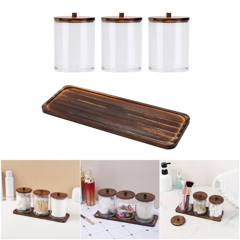 Round Cosmetic Organizers With Natural Wooden Top Transparent Bathroom Storage Container with Wooden Tray