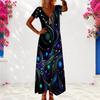 Women Plus Size V Neck Short Sleeve Black Dots Printed Long Dress