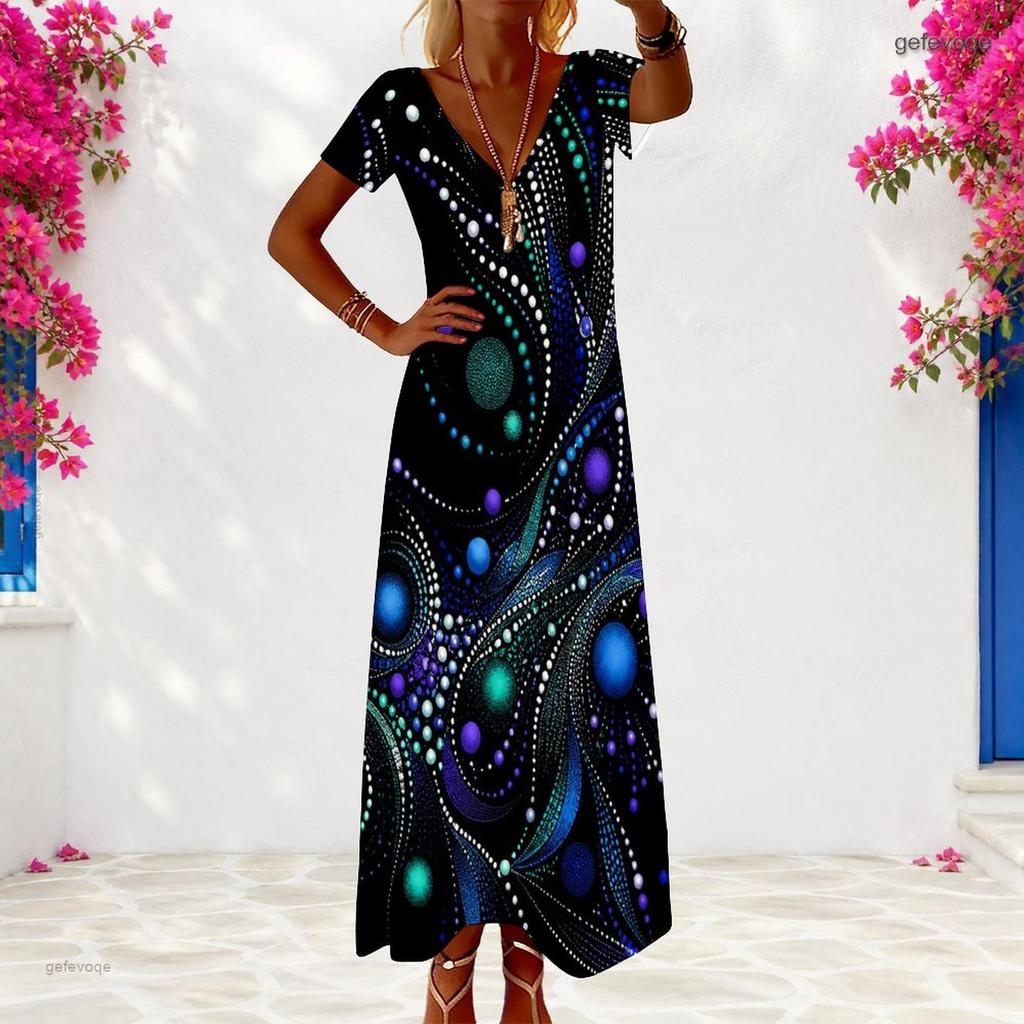 Women Plus Size V Neck Short Sleeve Black Dots Printed Long Dress