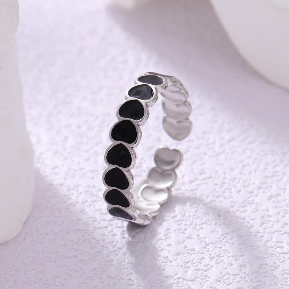 

Black White Enamel Heart Open Ring Trendy Minimalist Stainless Steel Gold Color Rings Women Zircon Birthday Gift Wholesale resizable