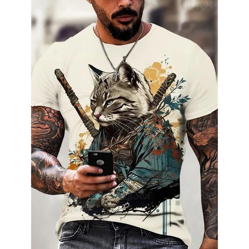 Men's Shirt Style Samurai Cat Graphic 3D Printed Fashion T-Shirt Casual Short Sleeved Tee Ersized Men Clothing Tshirt