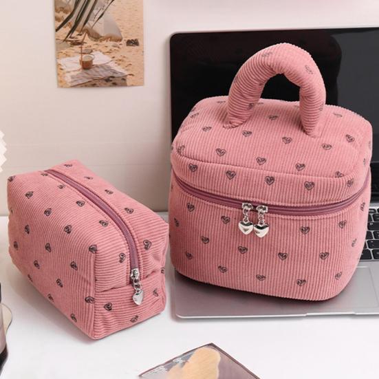 Corduroy Makeup Bag with Heart Pattern Portable Travel Cosmetic Bag Zipper Makeup Pouch Toiletry Organizer Purse for Women Girls