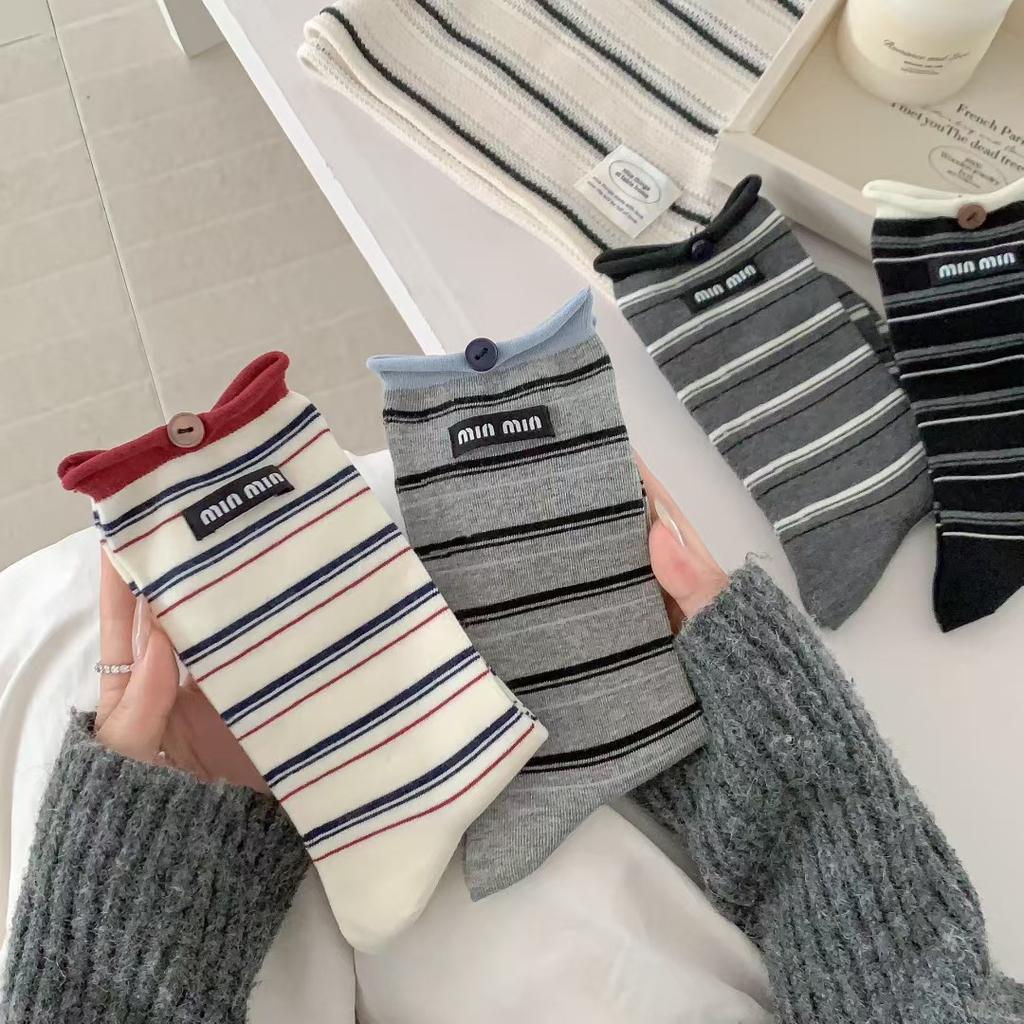 Early Autumn Socks Casual Stacking Socks Double Luo Mouth Thin Combed Cotton High Value Medium Tube Striped Socks Children