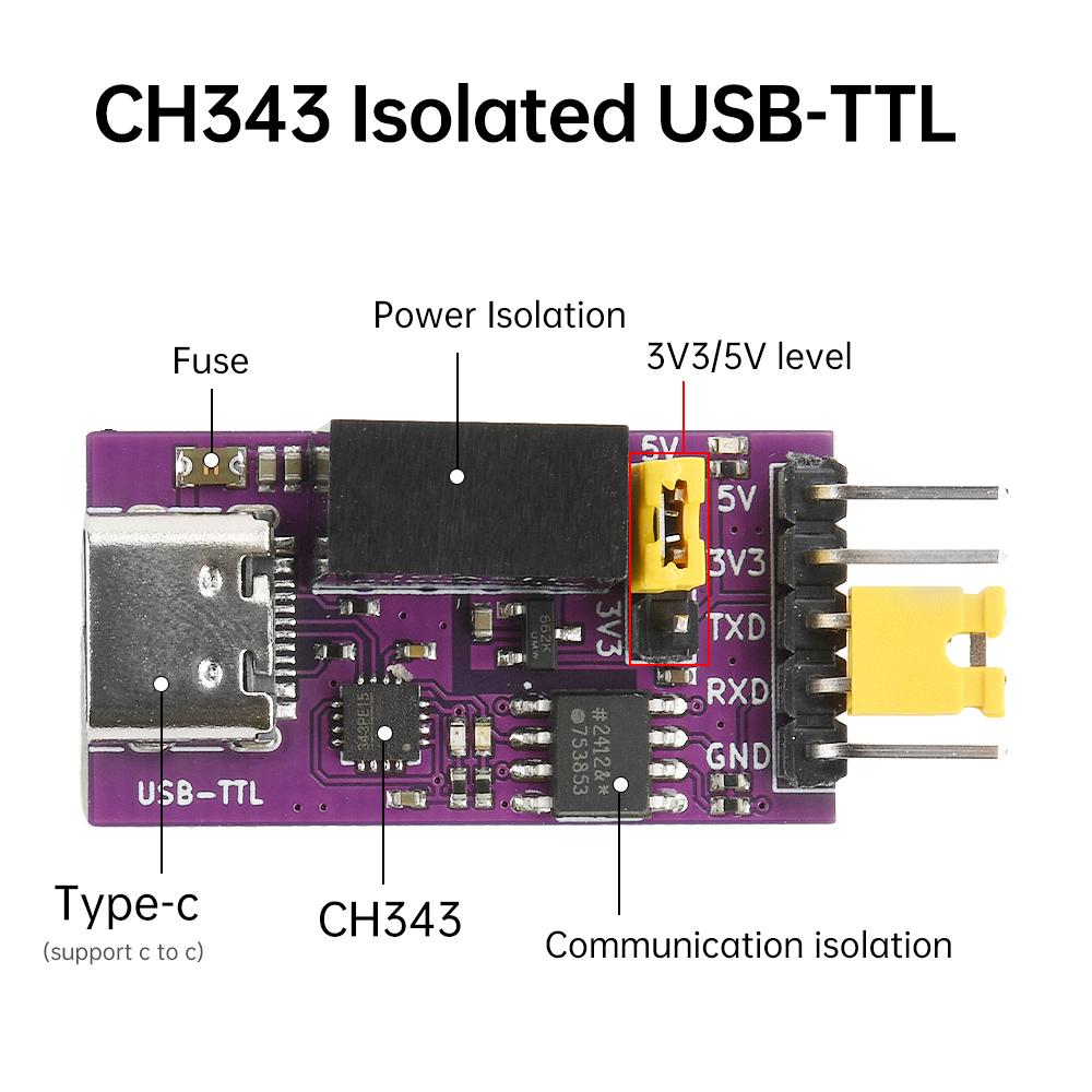CH343 Isolated USB-to-TTL Downloader DC 3.3V/5V Type-C Serial Port Isolated High-speed Communication 6Mbps UART Download Module