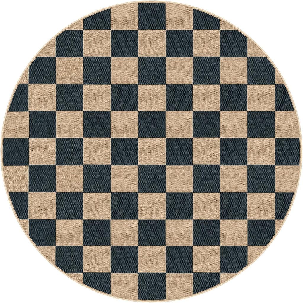 Minimalist Checkerboard Round Carpet Classic Geometric Square Pattern Rug Modern Home Non-Slip Mat for Living Room Decor